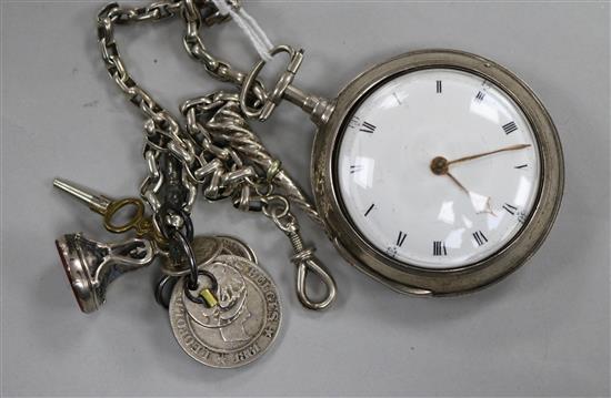 A silver pair case watch, on chain with fob seal etc.